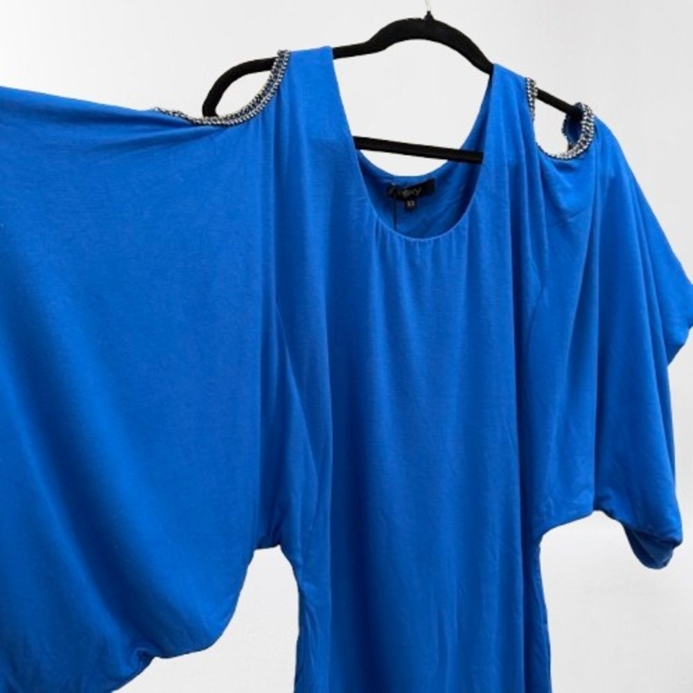 NEW Sky MAKEY Cold Shoulder Top Marine Blue Silver Chain Rhinestone Trim XS